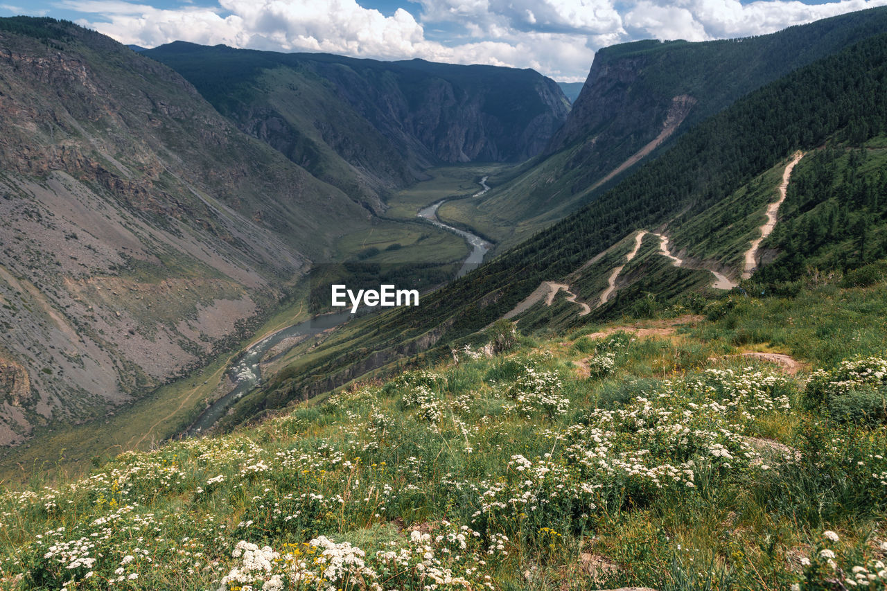 High-angle view of the valley and the katu-yaryk pass