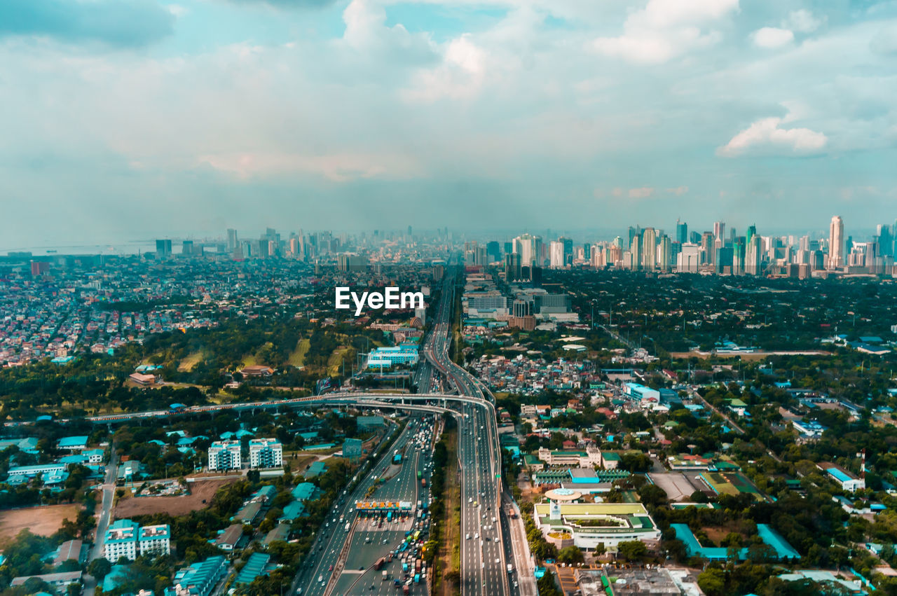 High angle view of cityscape against sky