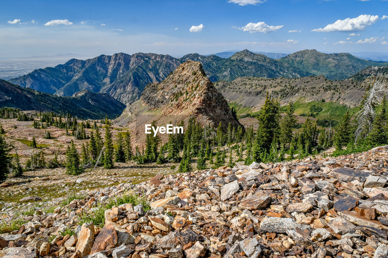 Scenic view of rocky mountains against sky