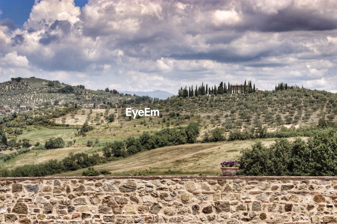 Landscape behind stone wall