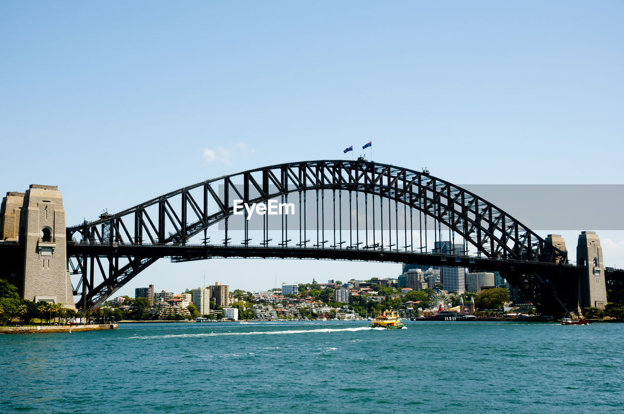 Bridge over river in city against clear sky