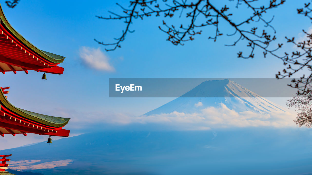 Mount fuji, red chureito pagoda temple in japan