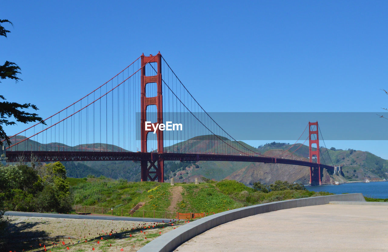 View of suspension bridge against clear blue sky