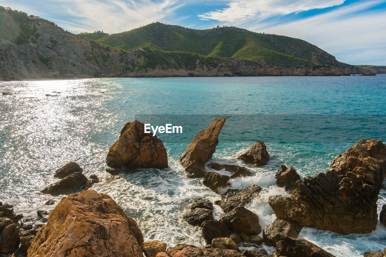 scenic view of sea and mountains