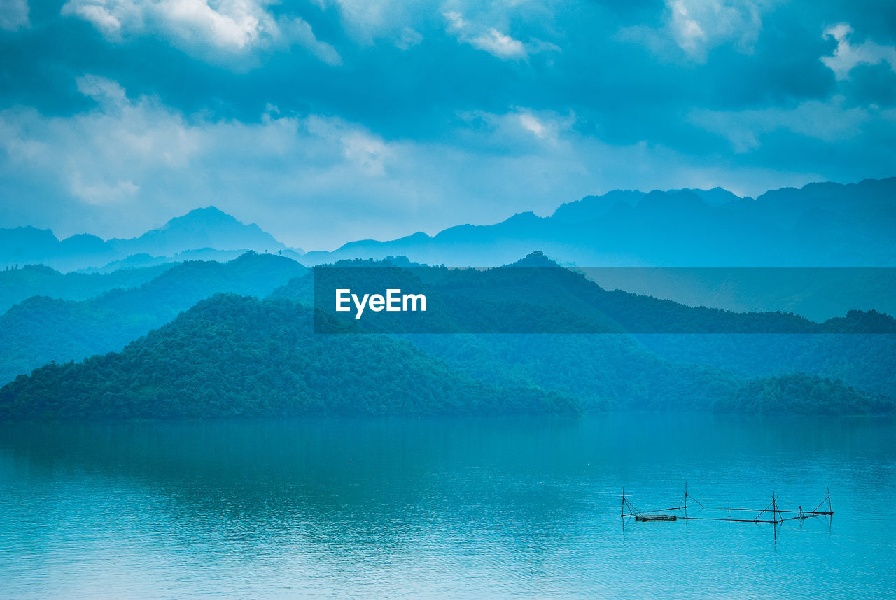 Scenic view of lake by mountains against sky