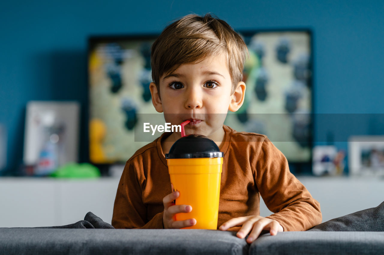 Portrait of boy holding drink at home