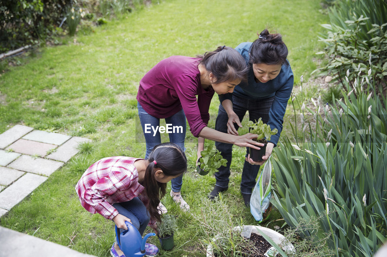 High angle view of mother and sister gardening in yard