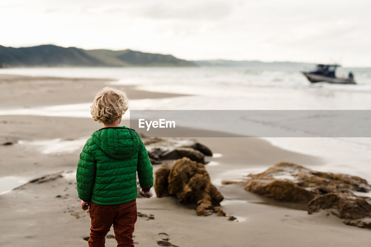 Preschooler watching boat at beach in new zealand