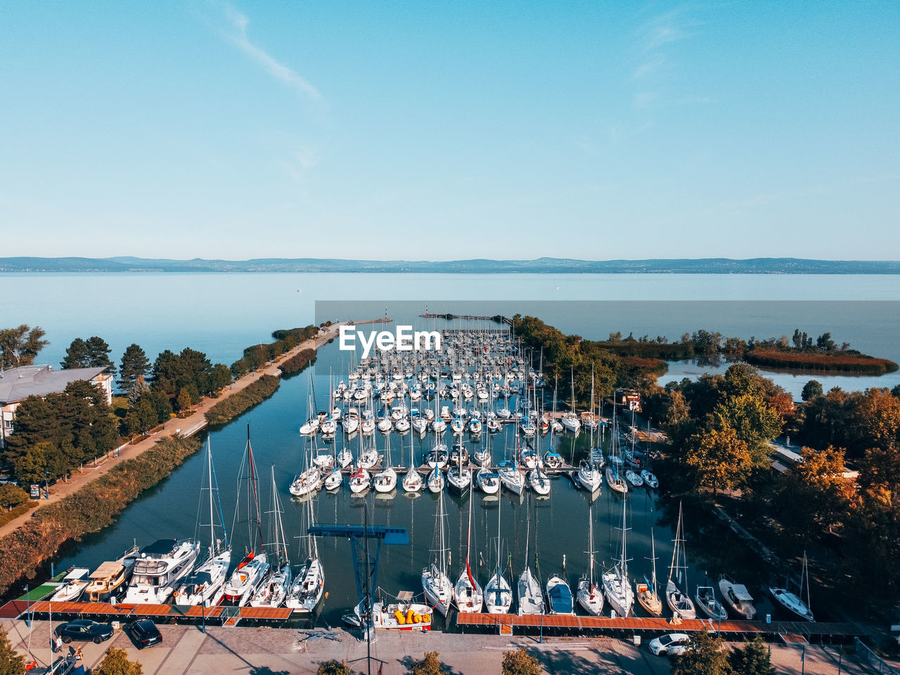 High angle view of boats moored in harbor