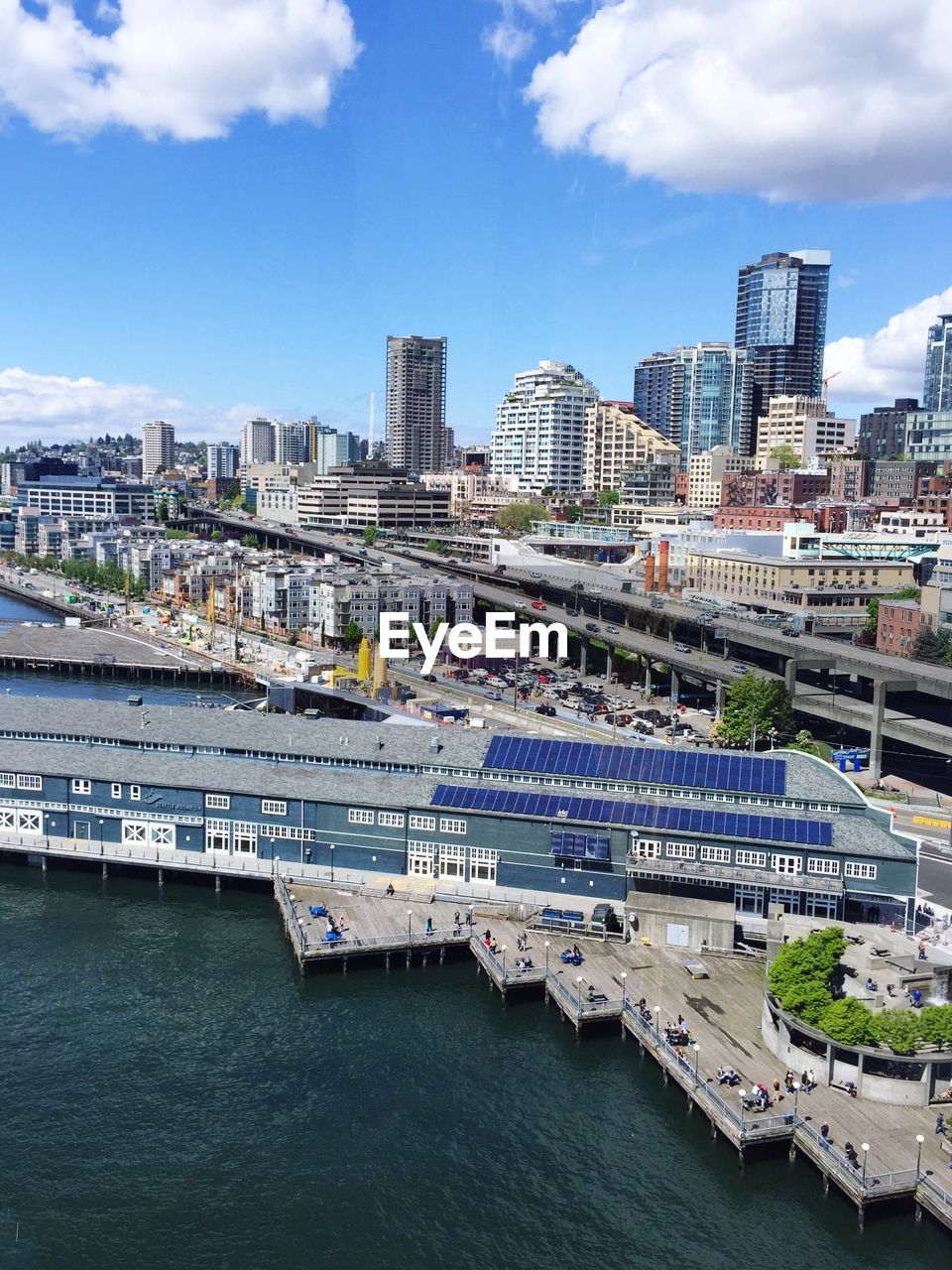 High angle view of cityscape taken from seattle great wheel against sky