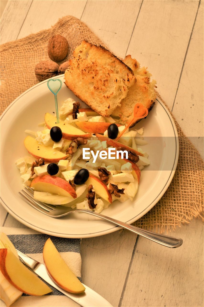 High angle view of breakfast served in plate