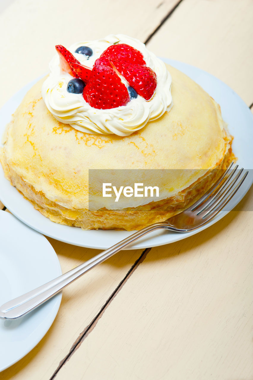 high angle view of dessert in plate on table