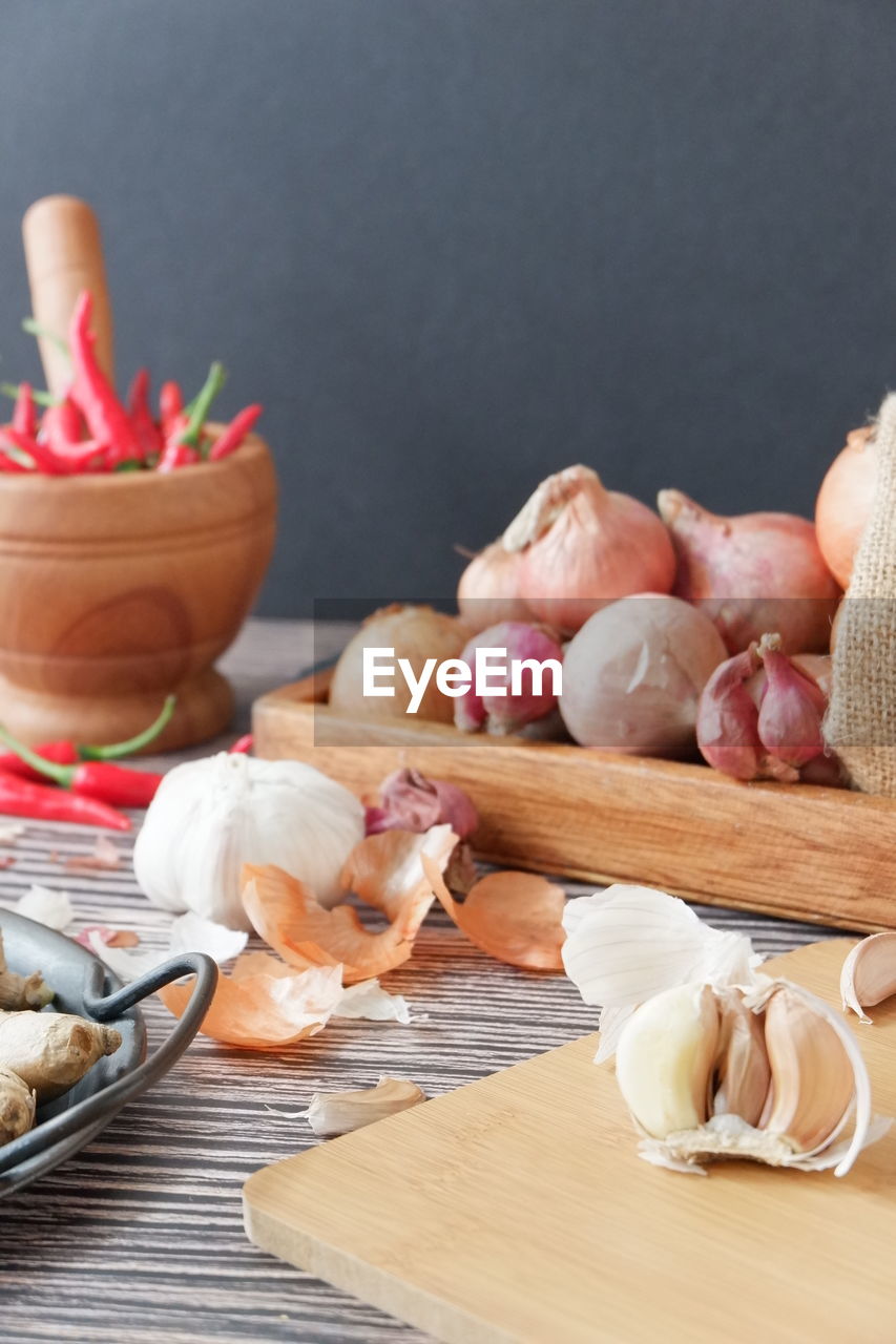 Close-up of chopped vegetables on cutting board