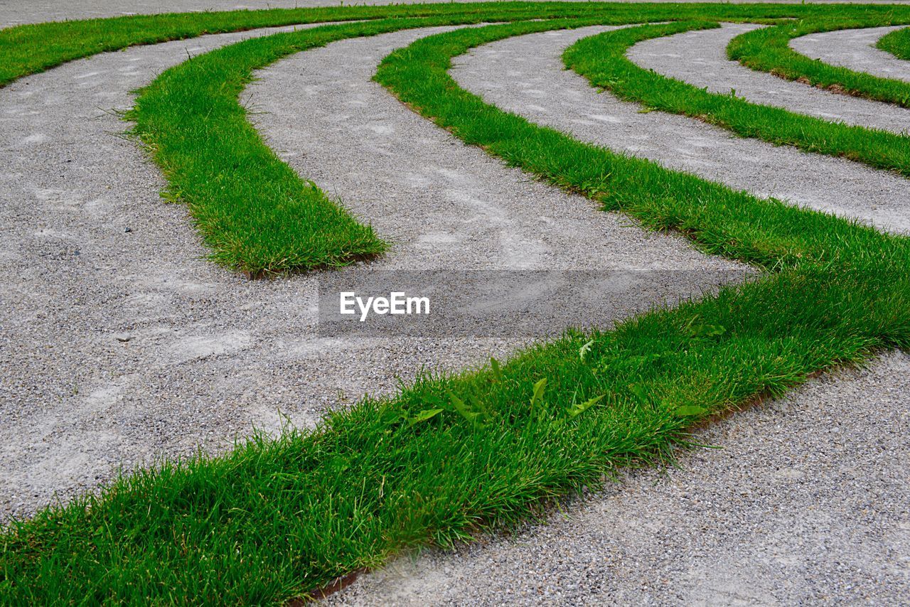 HIGH ANGLE VIEW OF GREEN FIELD AND YELLOW PAINTED ON FOOTPATH