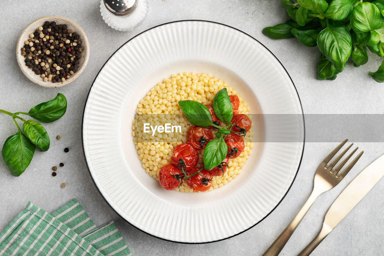 high angle view of food served in plate on table