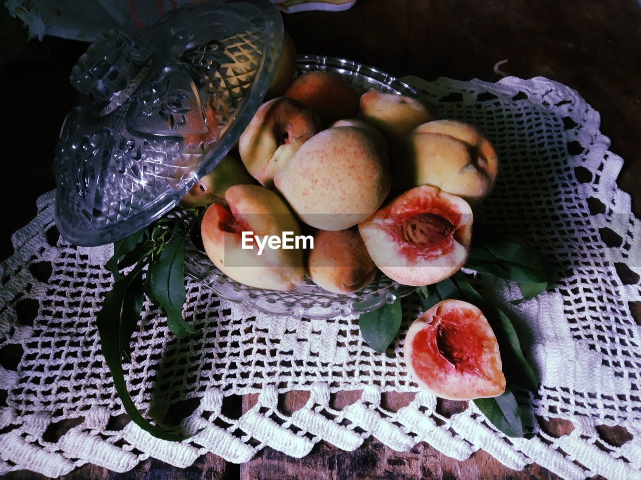 High angle view of fruits in basket on table