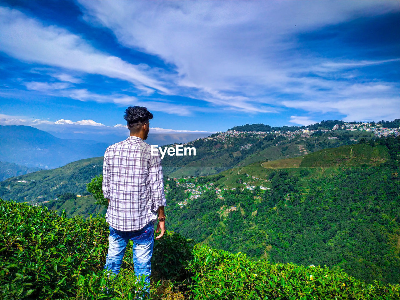 Rear view of man looking at mountain against sky