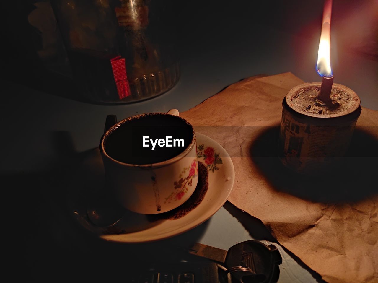 High angle view of coffee light candles on table