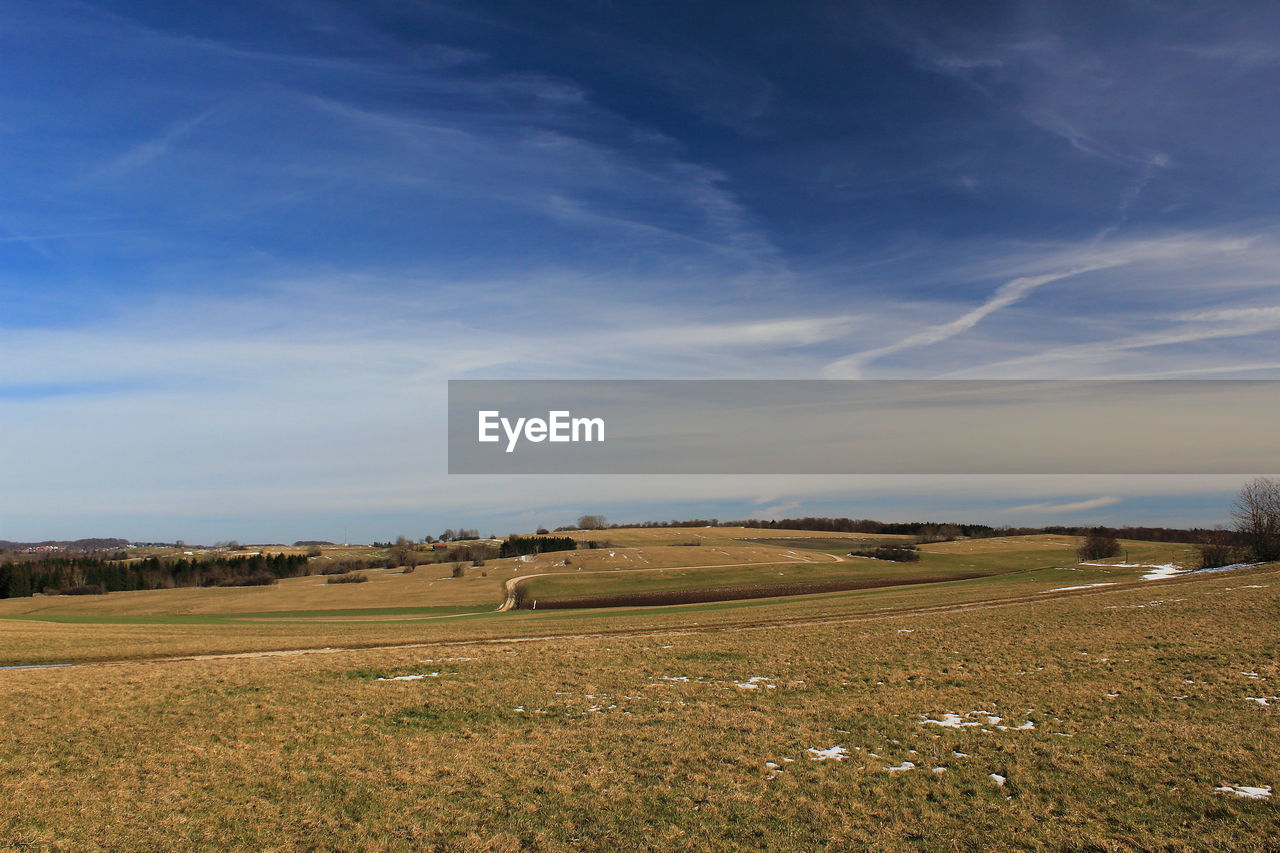 horizon, sky, landscape, environment, land, scenics - nature, cloud, plain, plant, nature, field, beauty in nature, tranquility, grass, rural scene, grassland, prairie, tranquil scene, hill, agriculture, no people, sunlight, blue, steppe, rural area, non-urban scene, natural environment, morning, farm, tree, day, outdoors, idyllic, growth