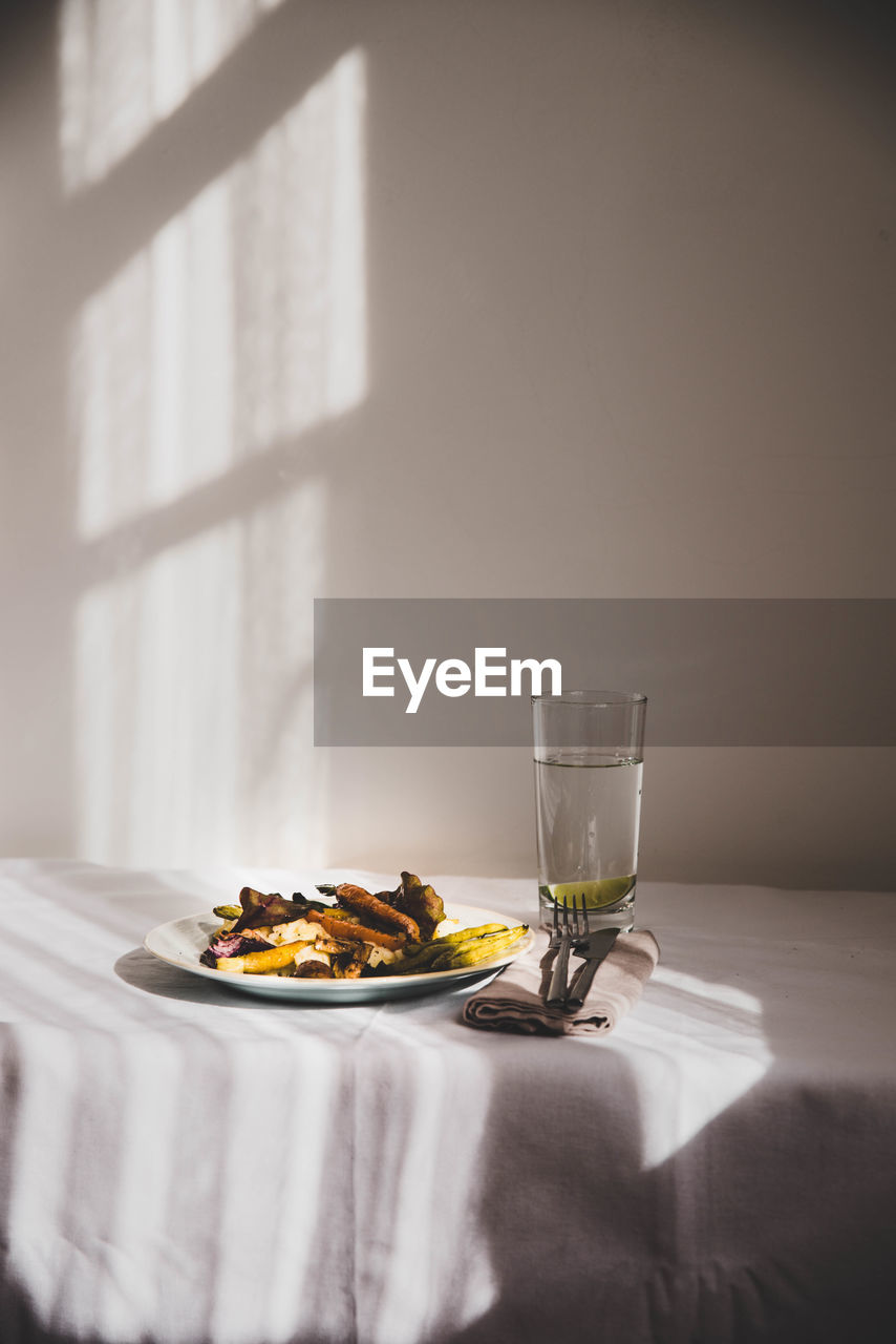 Close-up of food and drink on table