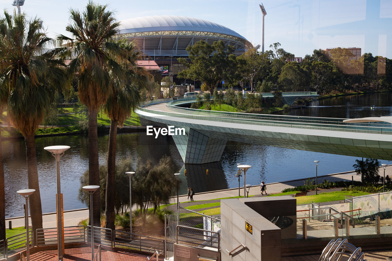 Palm trees by river in city and bridge against sky