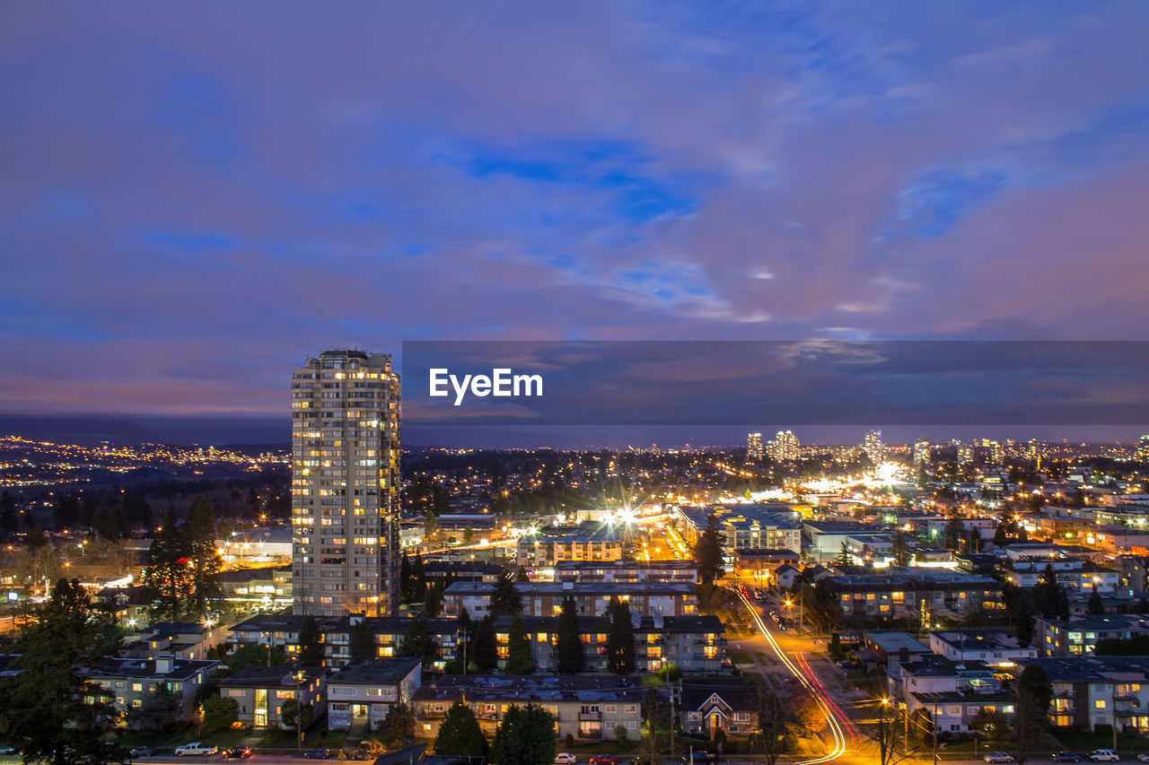 High angle view of city at night