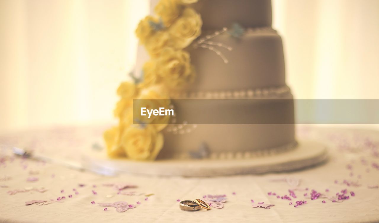 Close-up of wedding cake on table