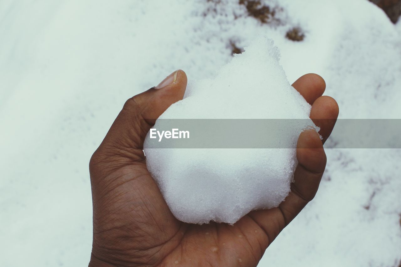 hand, snow, one person, cold temperature, holding, white, winter, nature, close-up, freezing, frozen, finger, personal perspective, skin, focus on foreground, lifestyles, day, food and drink, outdoors