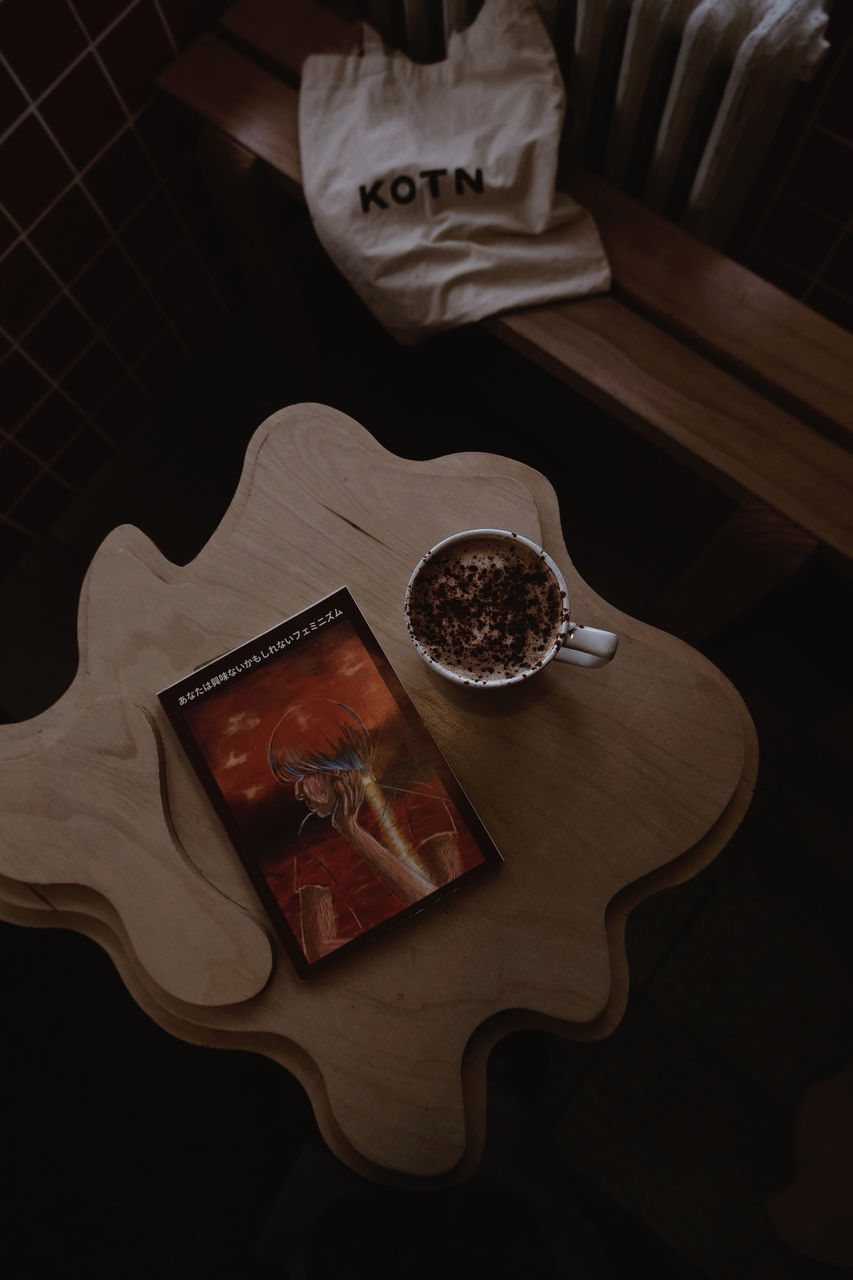 guitar, indoors, plucked string instruments, no people, food and drink, wood, high angle view, table, food, string instrument, still life