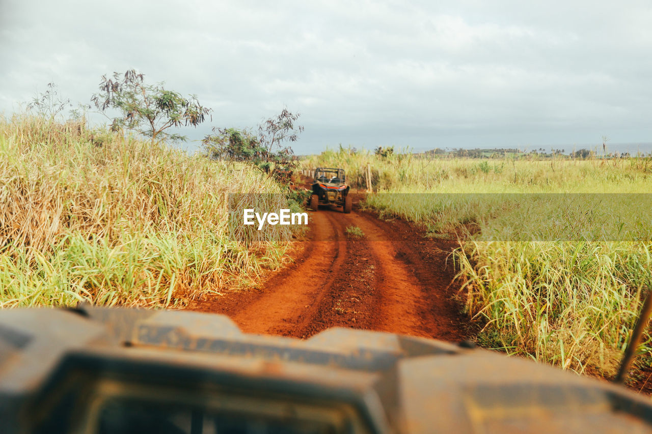 View from atv of red dirt road on kauai hawaii.