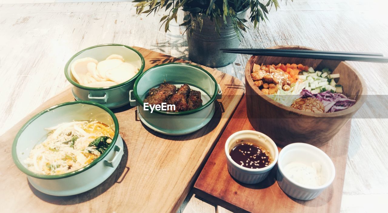 high angle view of food in bowls on table