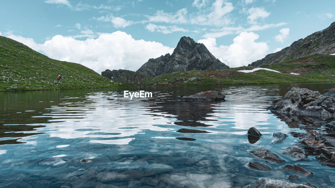 SCENIC VIEW OF LAKE BY MOUNTAIN AGAINST SKY