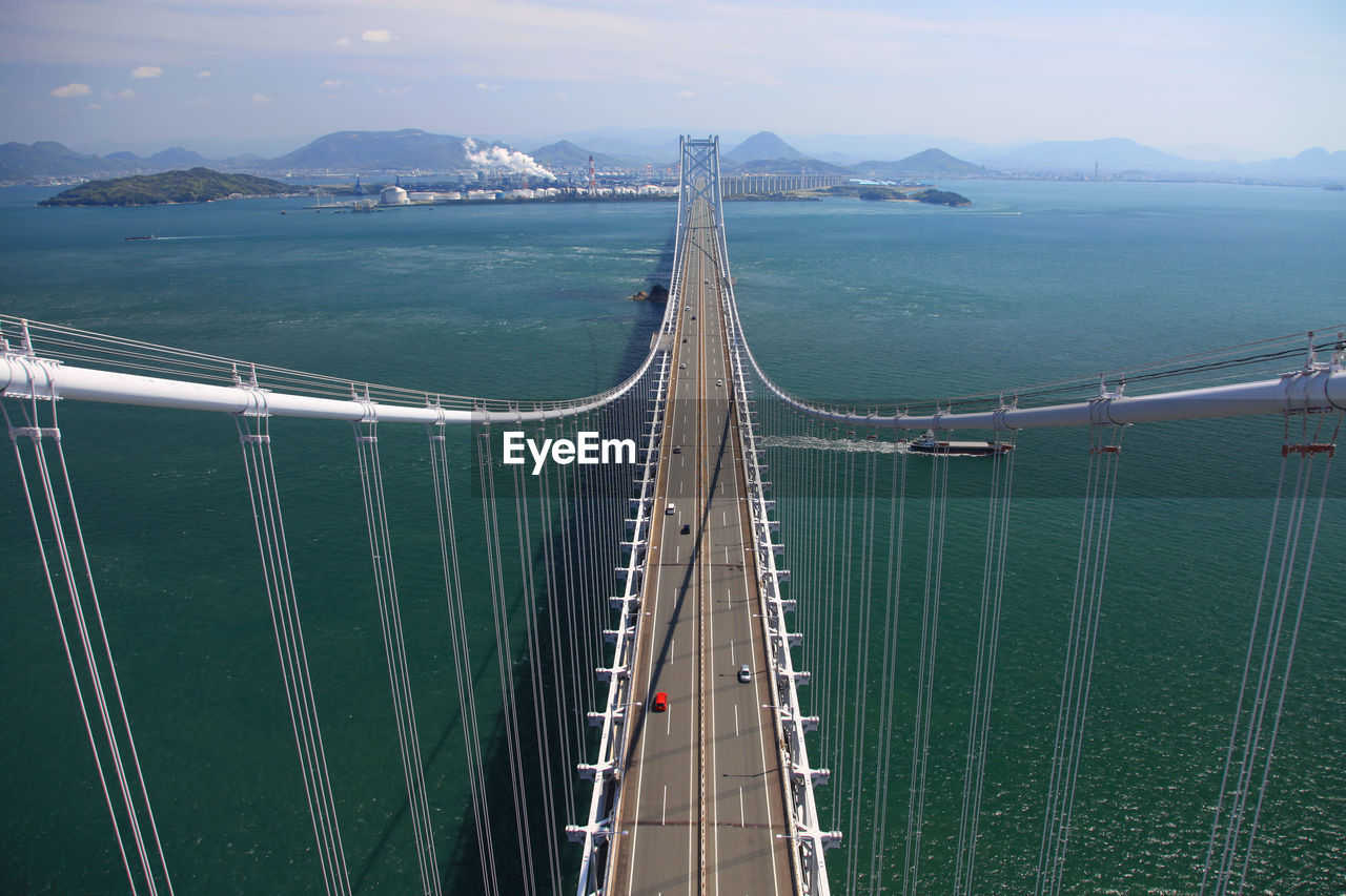 High angle view of suspension bridge over sea against sky