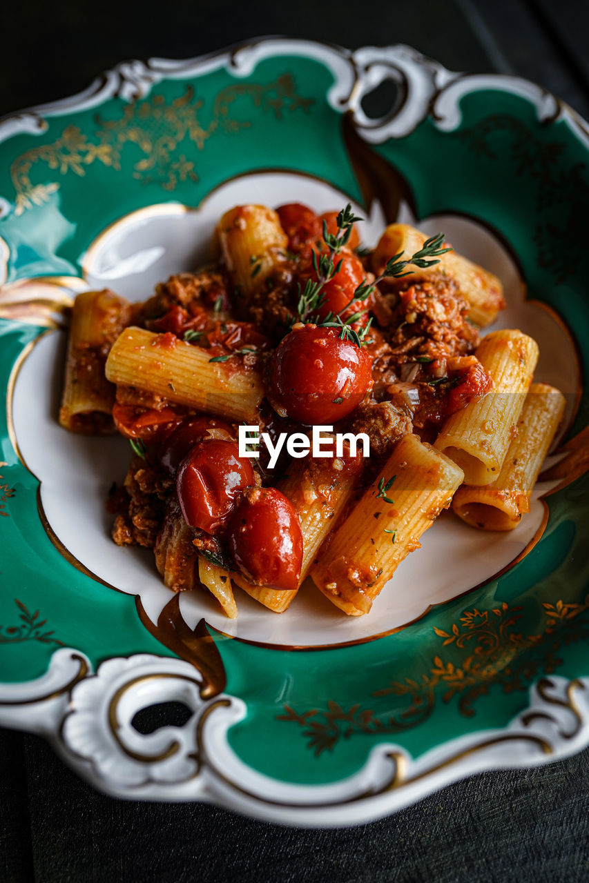 high angle view of food in plate on table