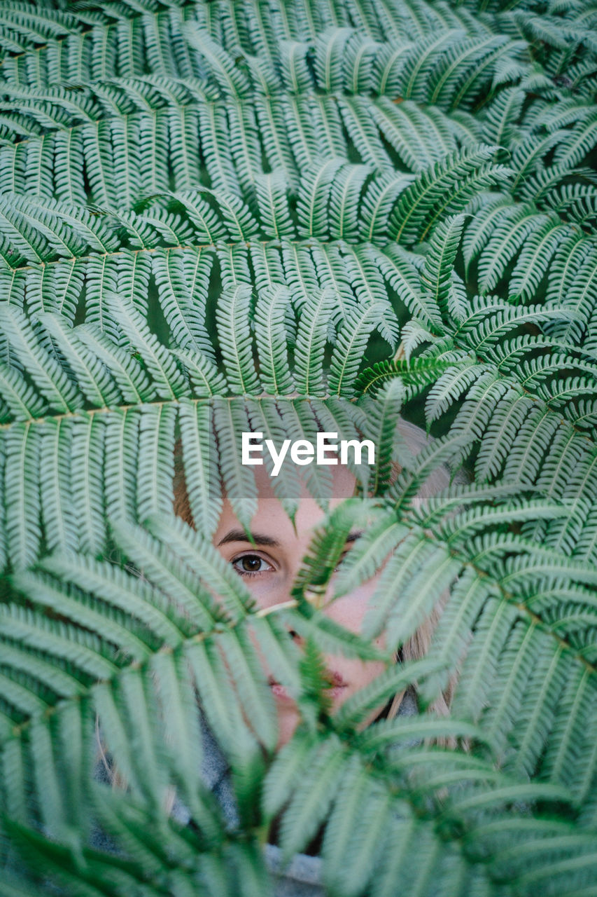 Close-up portrait of woman looking through tree