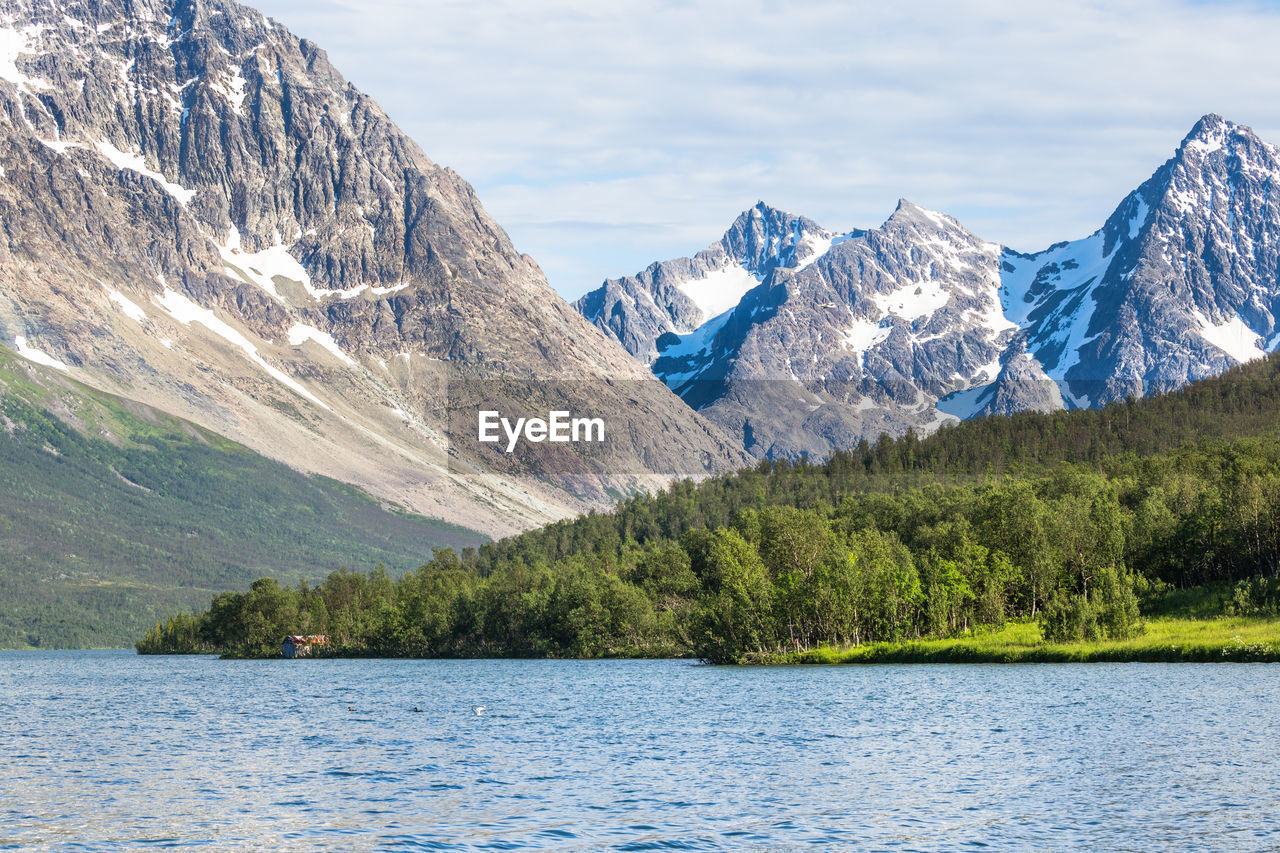 Scenic view of snowcapped mountains and lake