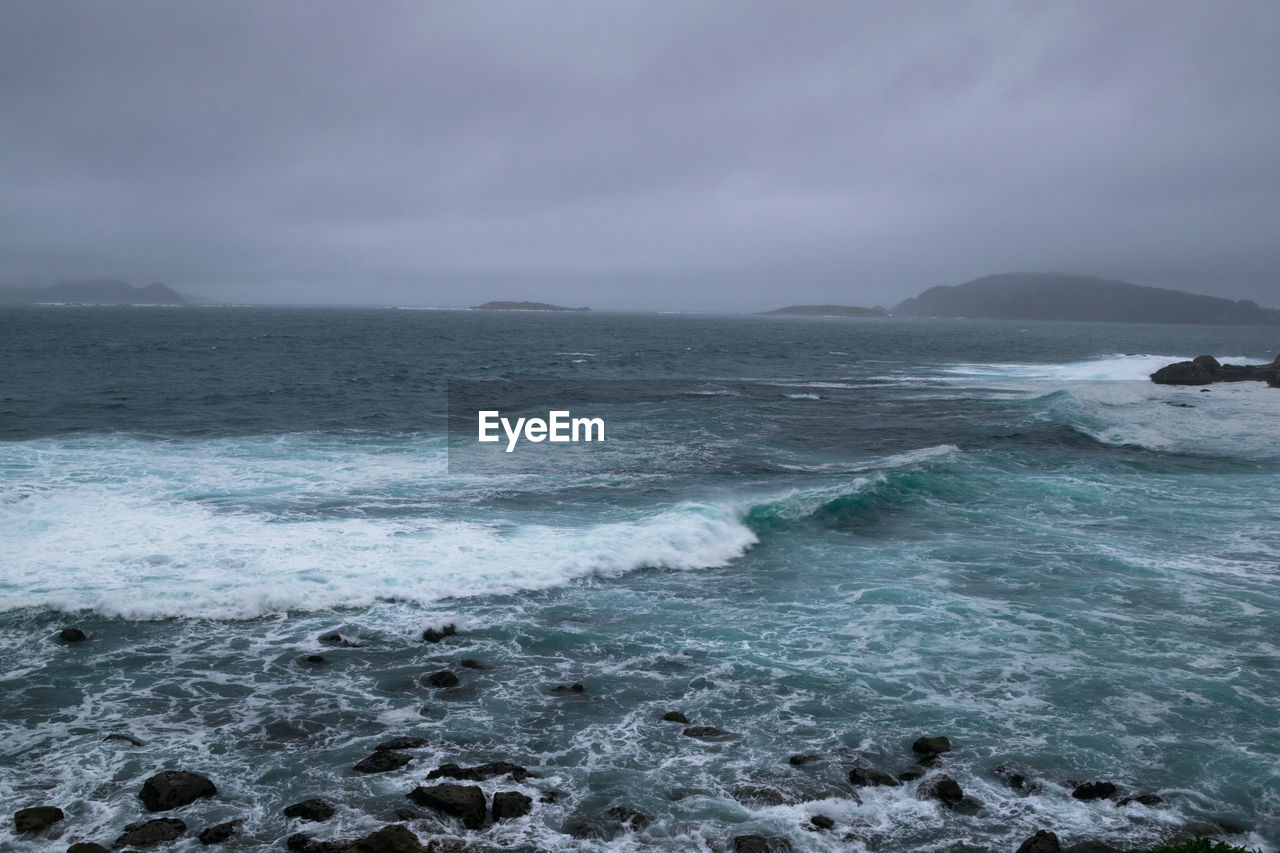 Storm in the sea seen from the coast in baiona, galicia