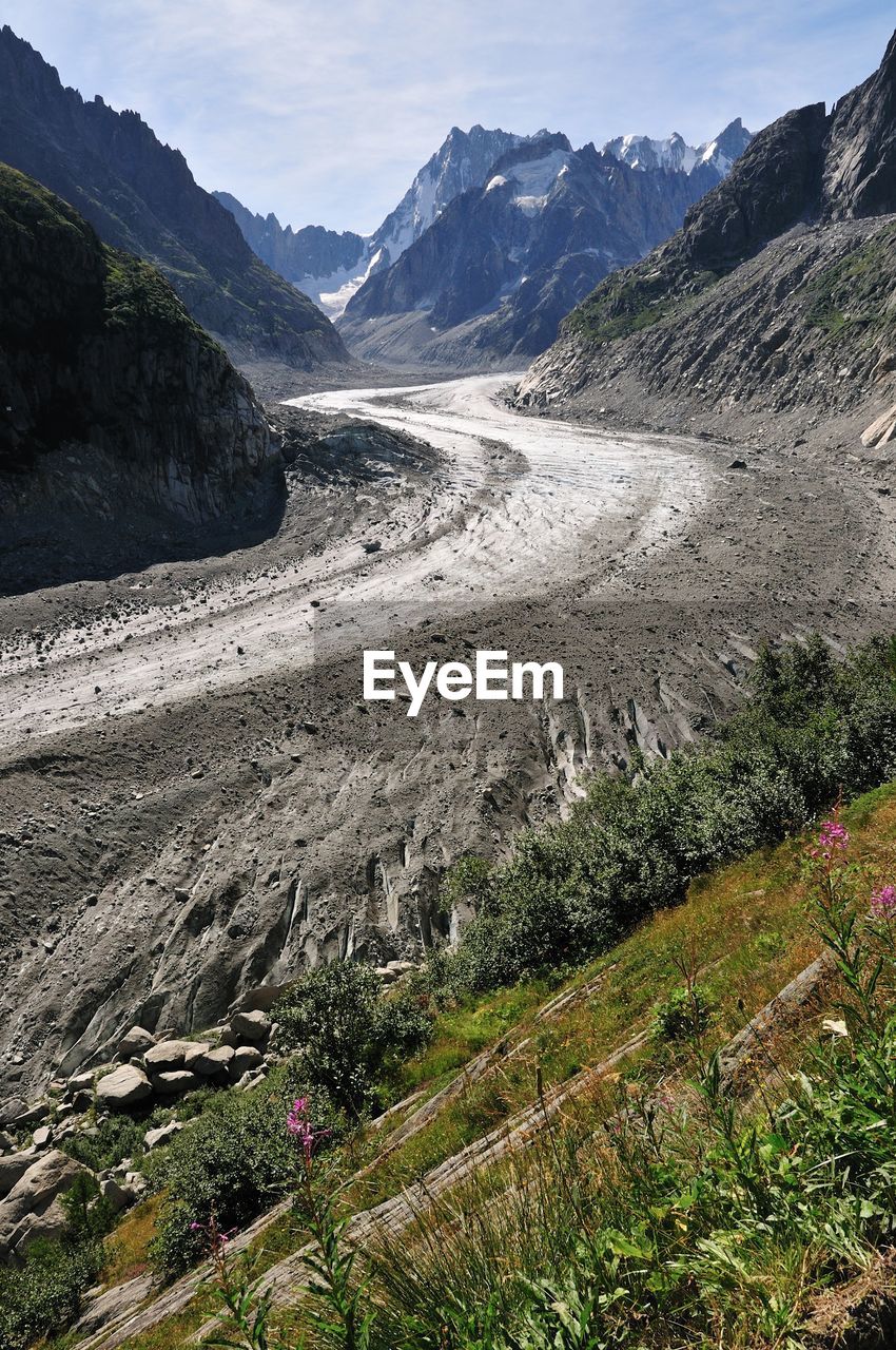 Scenic view of land and mountains against sky