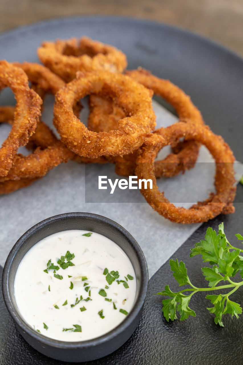 onion ring, food and drink, food, vegetable, dish, produce, fried, snack, studio shot, fried food, herb, no people, appetizer, freshness, fast food, cuisine, parsley, spice, unhealthy eating, condiment, dairy, dip, high angle view, rustic, bowl, close-up, aioli, meal, sauce, garnish, indoors, raw potato, savory food, fish, seasoning, deep frying, dark