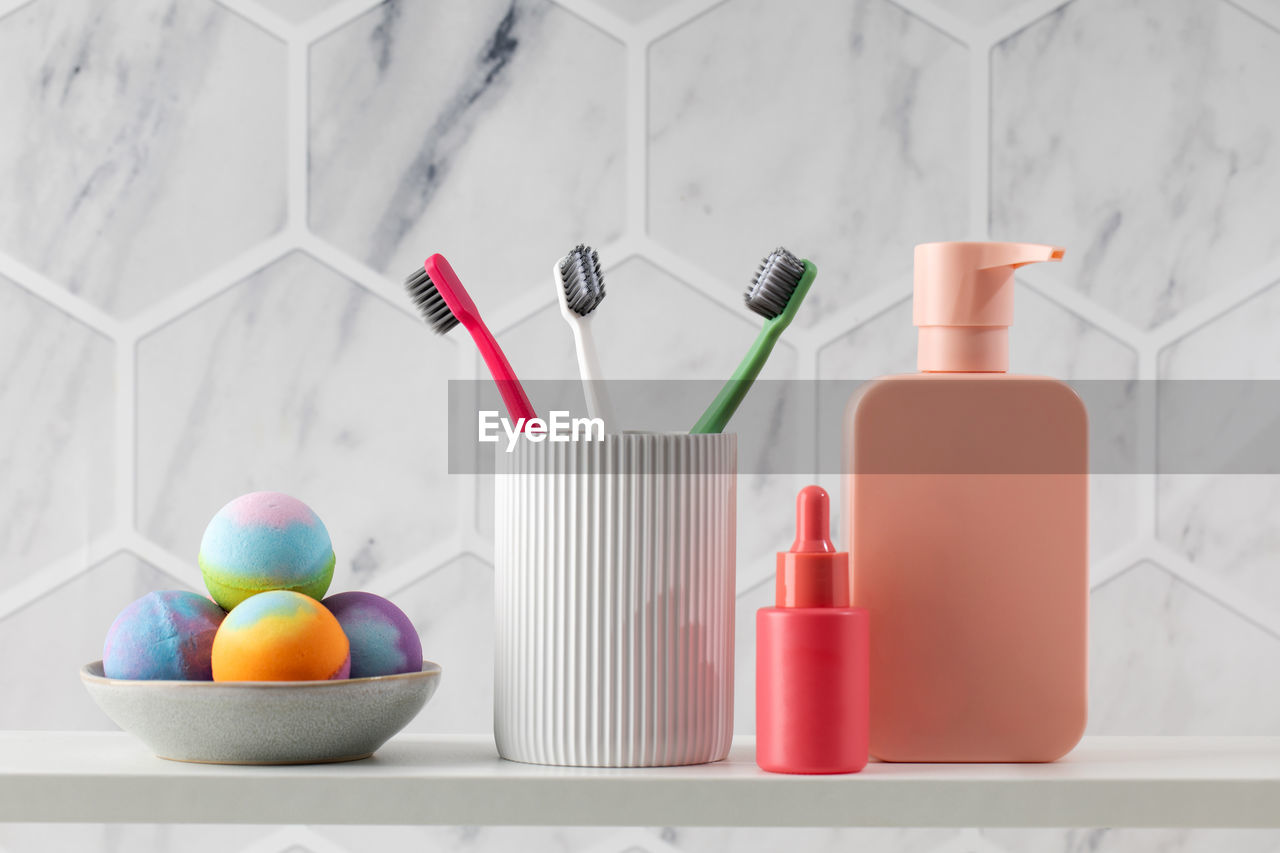 high angle view of beauty products on table