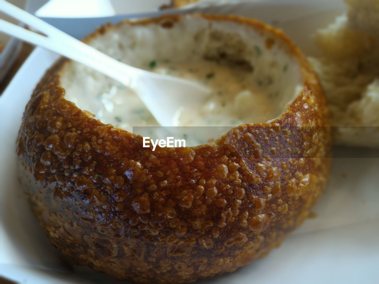 Close-up of clam chowder in plate