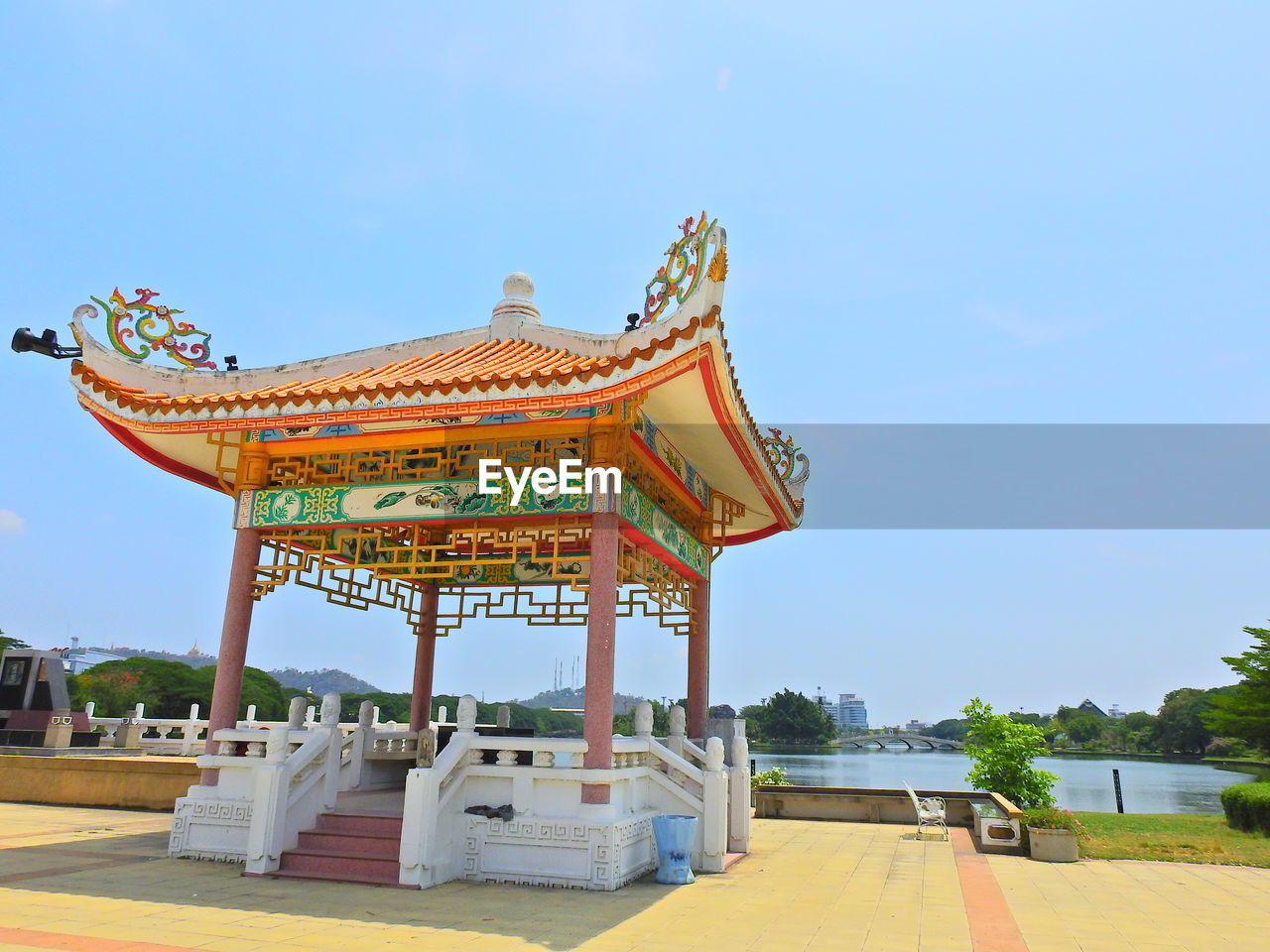 Thai architecture against clear blue sky