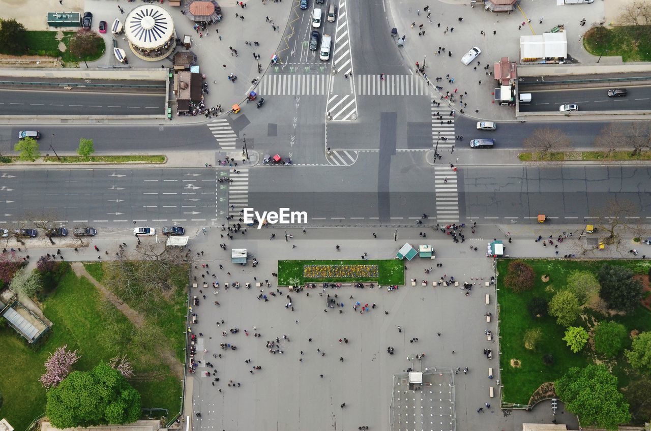 Aerial view of people on road in city