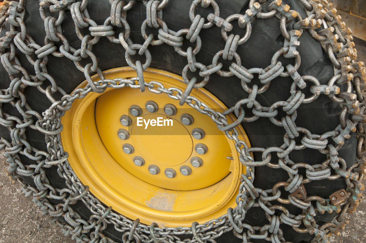 High angle view of chains on tire