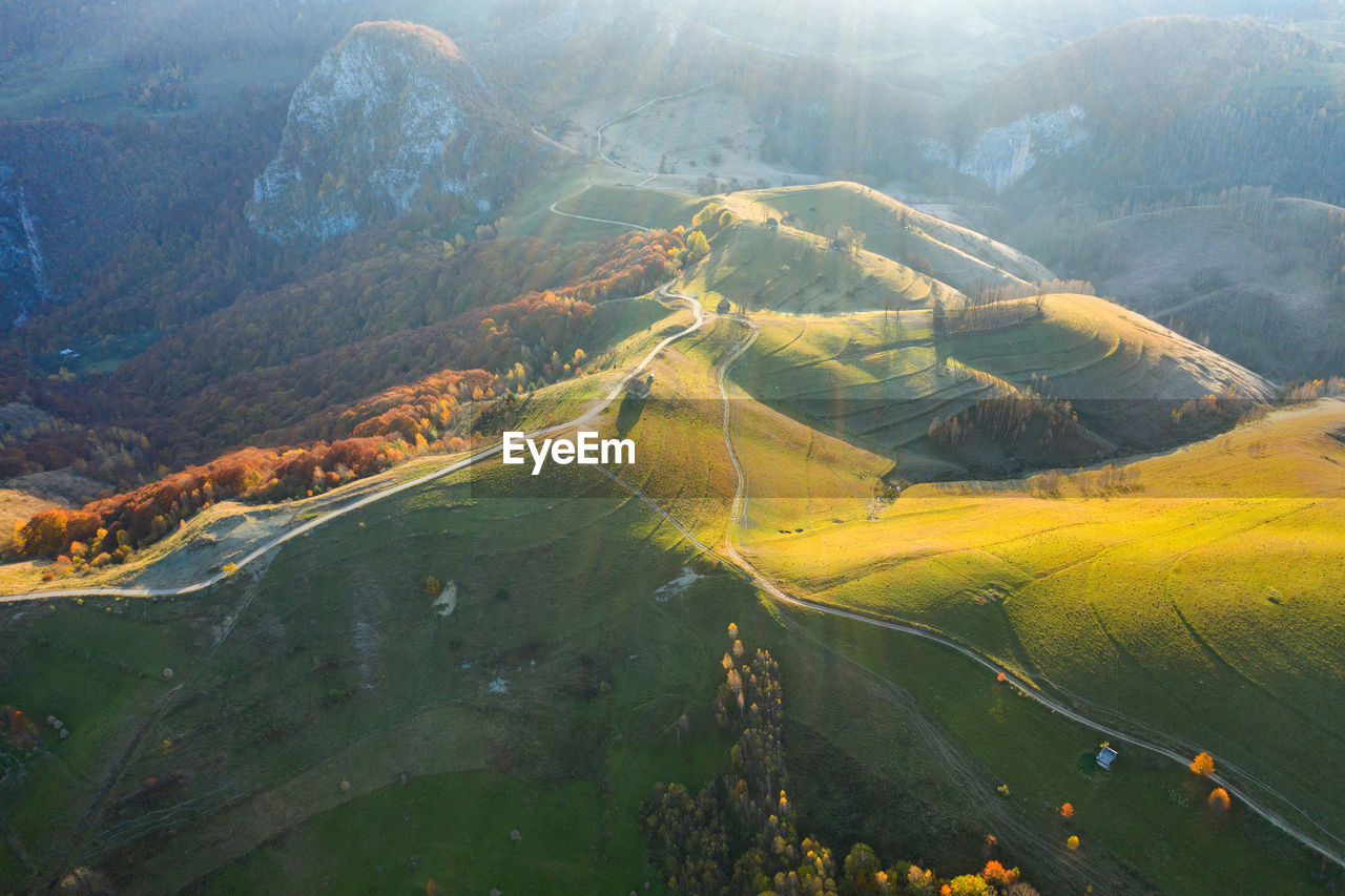 Autumn landscape drone aerial shot in transylvania, romania