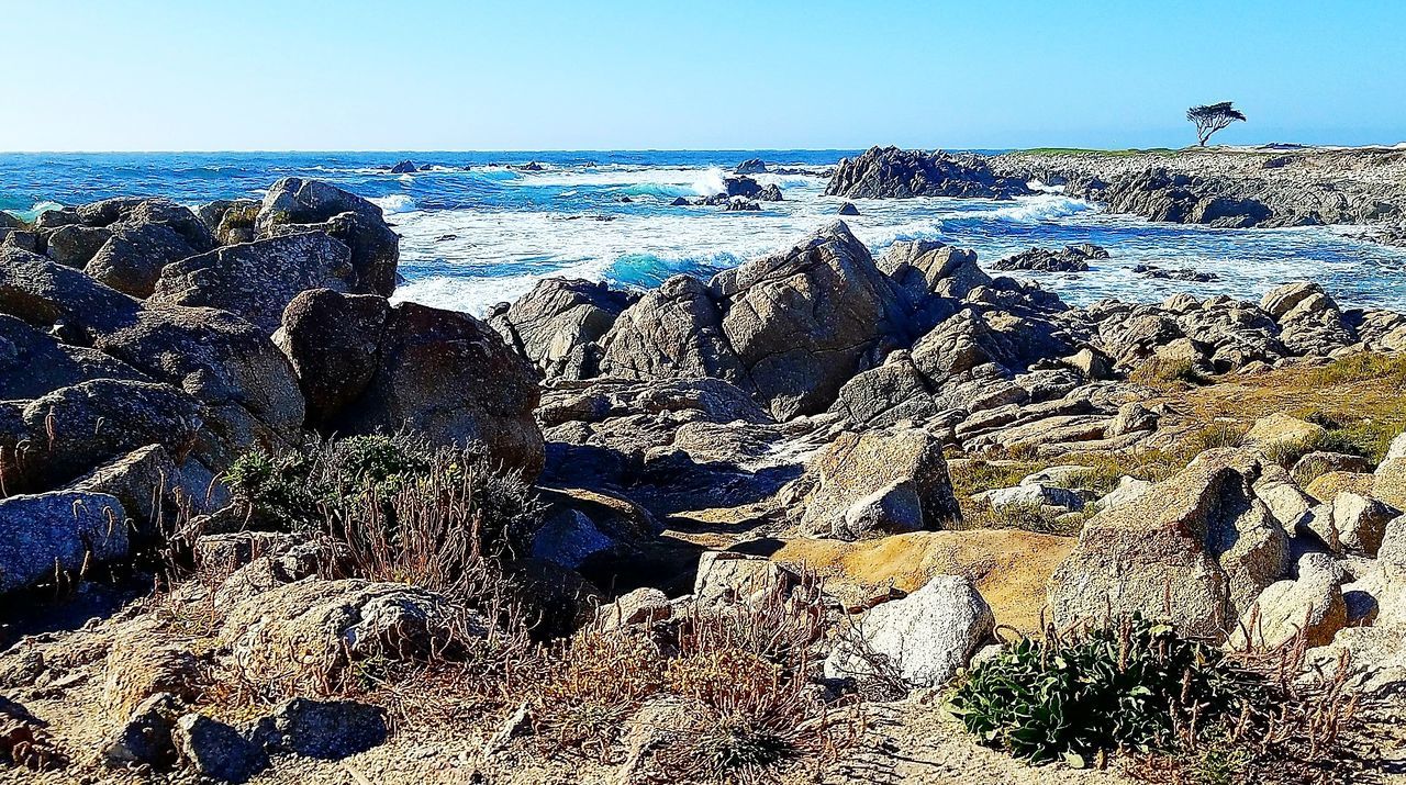 PANORAMIC SHOT OF SEA AGAINST CLEAR SKY