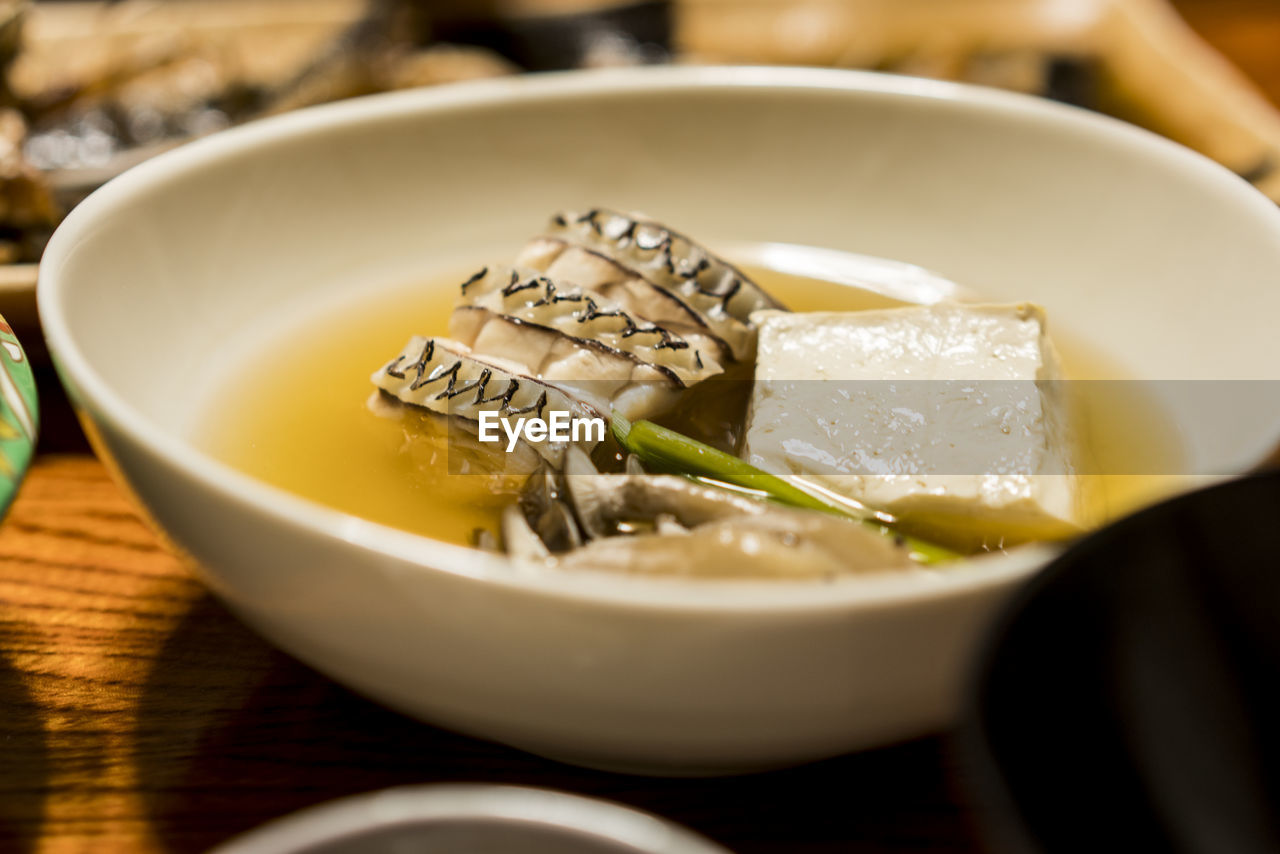 High angle view of soup in bowl on table