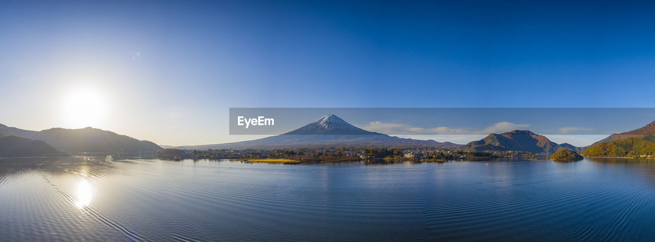 SCENIC VIEW OF LAKE BY MOUNTAINS AGAINST BLUE SKY