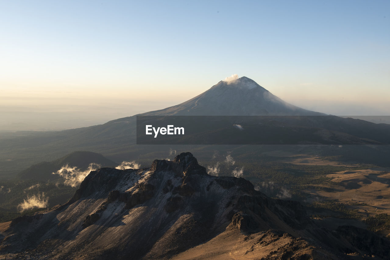 Popocatepetl volcano view from iztaccihuatl in mexico
