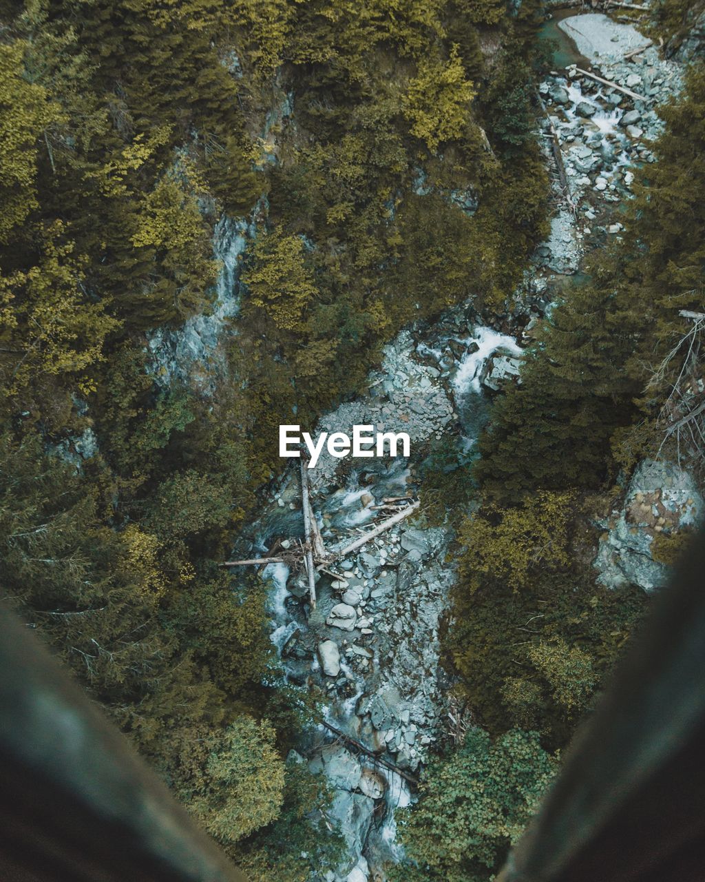 Background focused on an aerial view of mountain stream and forest below